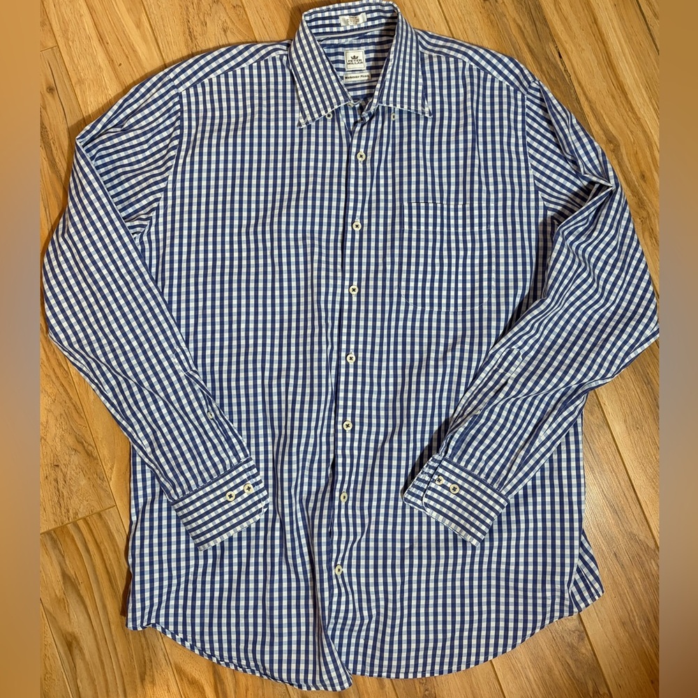 Peter Millar Large Weekender Finish Blue Gingham Button Down Shirt 100% Cotton